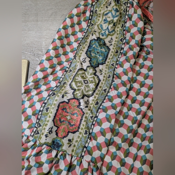 D'ascoli Pink Green Geometric Floral Printed 100% Silk Balloon Sleeve Top Artsy - Picture 8 of 11